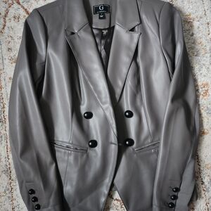 G by Giuliana Taupe Faux-Leather Double-Breasted Blazer